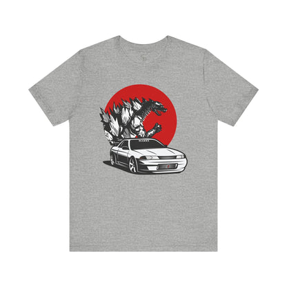 Embrace the Beast: White Skyline R32 and Godzilla T-Shirt!