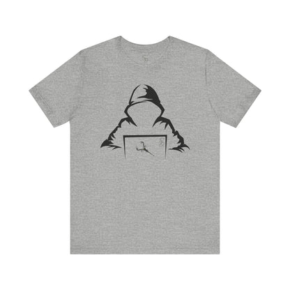 Unleash your inner coding connoisseur or IT guru with our electrifying tee featuring a figure cloaked in a hoodie