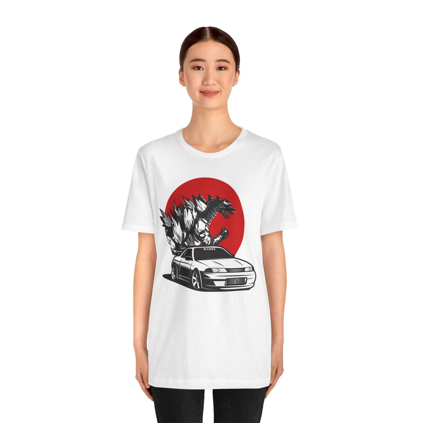 Embrace the Beast: White Skyline R32 and Godzilla T-Shirt!