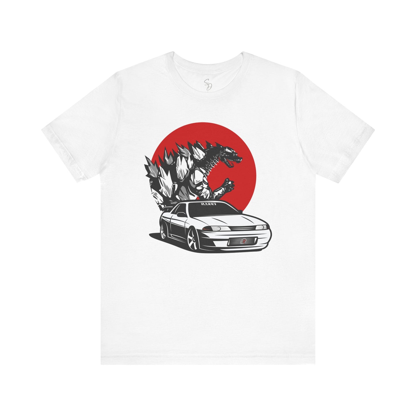 Embrace the Beast: White Skyline R32 and Godzilla T-Shirt!