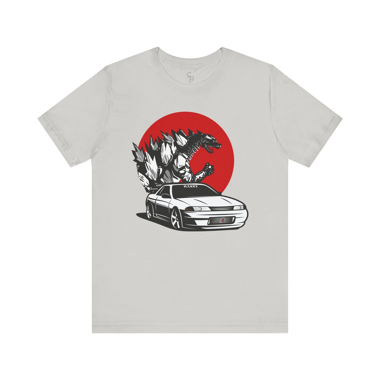 Embrace the Beast: White Skyline R32 and Godzilla T-Shirt!