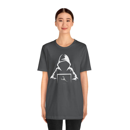 Unleash your inner coding connoisseur or IT guru with our electrifying tee featuring a figure cloaked in a hoodie